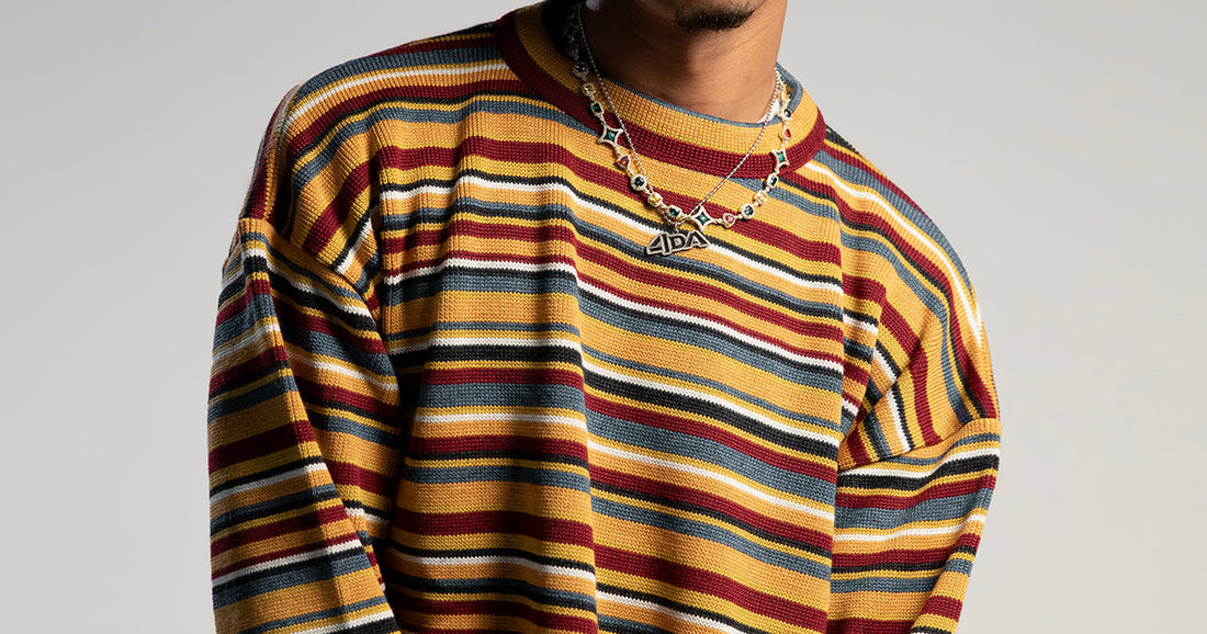 Pull en laine oversize à rayures multicolores DDP, pièce emblématique de la mode année 90